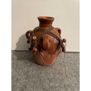 Vintage Ethnic African 3 handle Stoneware jug with Leather/Beads  #1058
